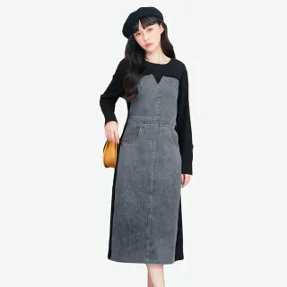 【betty’s 貝蒂思】牛仔拼接口袋長袖洋裝(黑色)