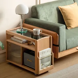 【hoi! 好好生活】源氏木語巴士橡木原木色復古玻璃移動邊几 Y00J64