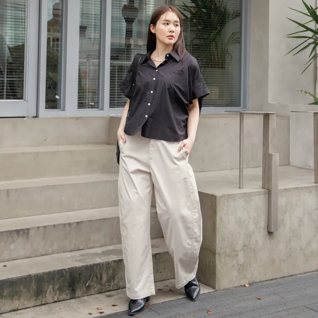 【M：MINb】紙感輕盈連袖寬襯衫(黑色/中大尺碼女裝/大尺碼女裝/XL女裝/大尺碼上衣/上班穿搭)