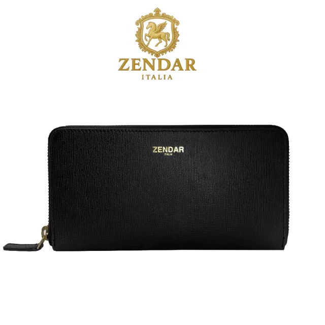【ZENDAR】台灣總代理 限量1折 頂級小牛皮十字紋拉鍊長夾 卡門系列 全新專櫃展示品(黑色 贈禮盒提袋)