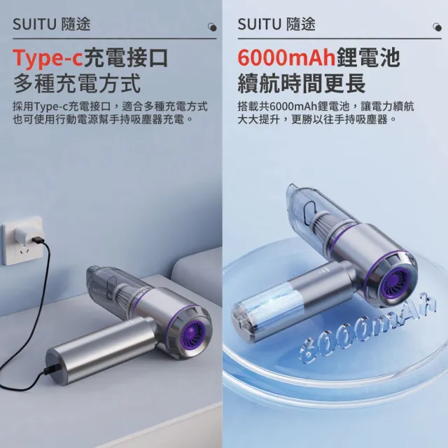 【SUiTU】無刷電機Plus款 TYPEC充電 強勁吸力款 車用吸塵器 ST-6653Plus 隨途(家車吹吸兩用 無線手持款)