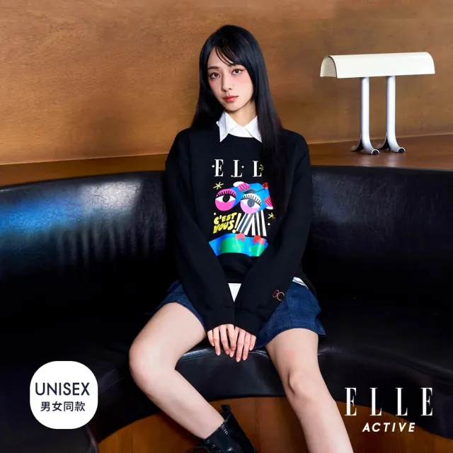 【ELLE ACTIVE】男女同款 繽紛圖騰印花大學T-黑色(EA25A2F1404-99)