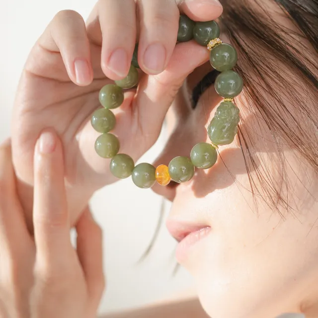 【天天水晶 TINGTING】和田玉 蜜蠟 12mm 設計款水晶手鍊(正財偏財開運 A120011)