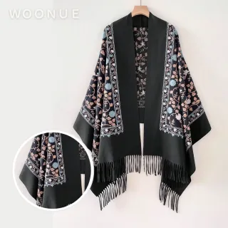 【WOONUE】女士專櫃高質感立體刺繡柔軟羊毛絨質感親膚寬版斗篷圍巾冷氣披肩(保暖女友老婆媽媽生日聖誕禮物)