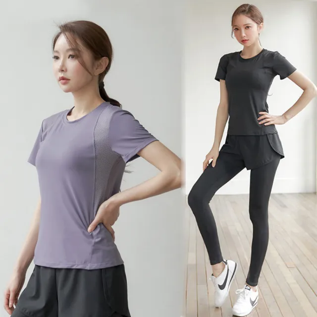 【BODYAIR】拼小腰透網上衣+假兩件拉鍊腰九分褲套組(瑜珈.運動.慢跑.透氣.舞蹈.運動服.運動褲)
