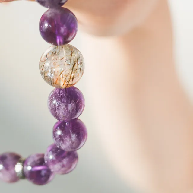 【天天水晶 TINGTING】黑金超七 紫幽靈 12mm 設計款水晶手鍊(全方位招財A120013)