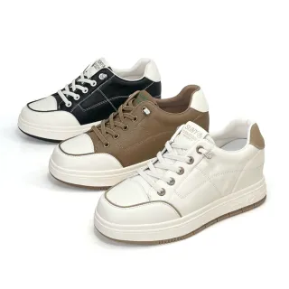 【Robinlo】真皮撞色不規則格線內增高休閒小白鞋MYRTIE(經典黑/香草白/可可棕)