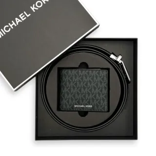 【Michael Kors】專櫃禮盒版 MK 男生 短夾+皮帶 經典滿版LOGO 皮夾腰帶禮盒(36S4LGFF6B)