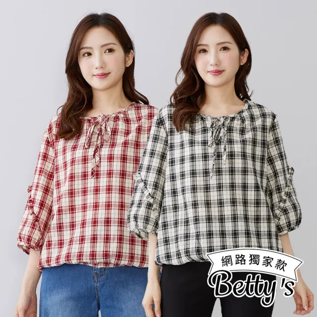 【betty’s 貝蒂思】網路獨賣★公主袖氣質格紋五分袖上衣(共二色)