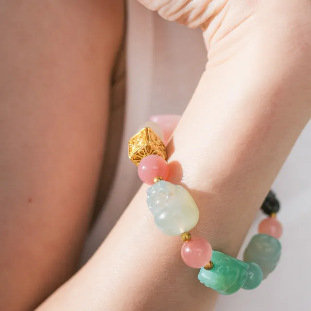 【天天水晶 TINGTING】老礦鹽源瑪瑙 血珀 貔貅 平安扣 設計款水晶手鍊(招財保平安 A110013)