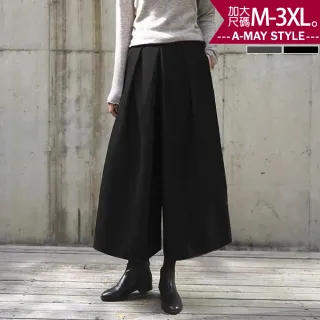 【Amay Style 艾美時尚】中大尺碼女裝 褲裙 英倫風V字紋保暖毛呢顯瘦九分寬褲。M-3XL(2色.預購)