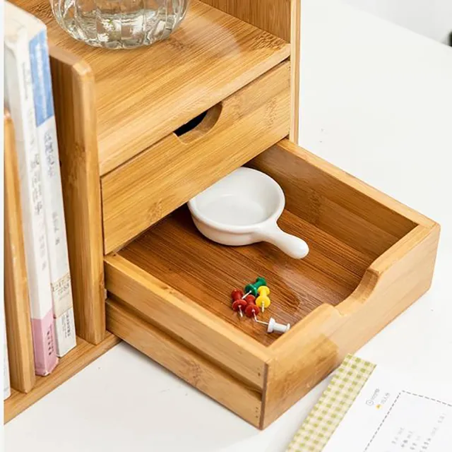 【桃花源創意工坊】竹製書架桌面書架簡易桌上小書架楠竹伸縮小書櫃帶抽屜可收縮書架(家具) 