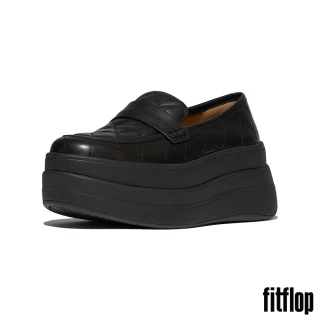 【FitFlop】F-MODE 菱格紋皮革厚底樂福鞋-女(靚黑色)
