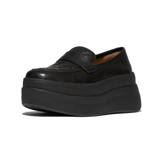 【FitFlop】F-MODE 菱格紋皮革厚底樂福鞋-女(靚黑色)