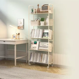 【慢慢家居】升級層板-奶油風超穩固可移動鐵藝五層書架(文件推車 兒童書架 移動書櫃 置物架)