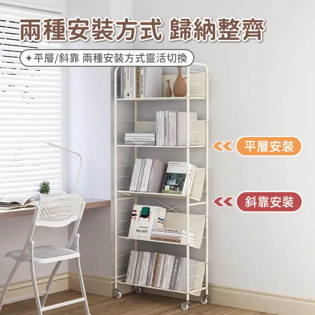 【慢慢家居】升級層板-奶油風超穩固可移動鐵藝五層書架(文件推車 兒童書架 移動書櫃)