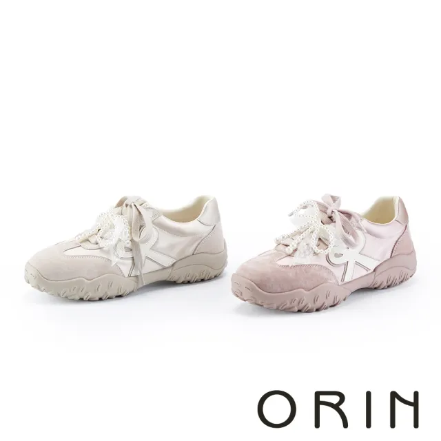 【ORIN】珍珠蕾絲甜感綁帶運動休閒鞋(米色)