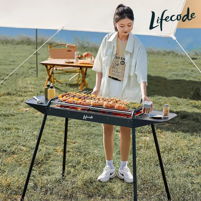 【LIFECODE】黑武士大型烤肉架-304不鏽鋼烤網+不沾烤盤(附收納袋)