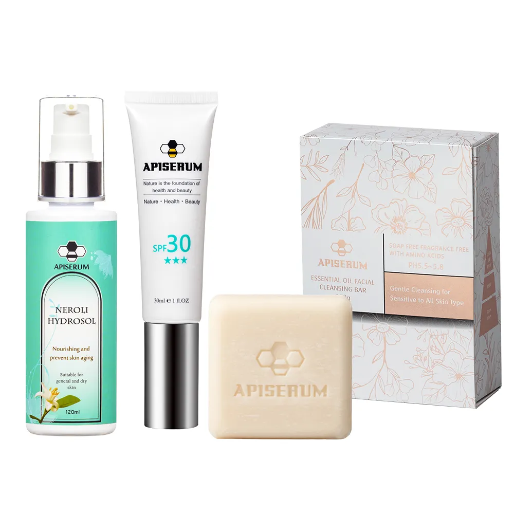 【APISERUM 愛比森】晨光清透三件組(茶花潤顏皂＋橙花露+無暇隔離粉底)