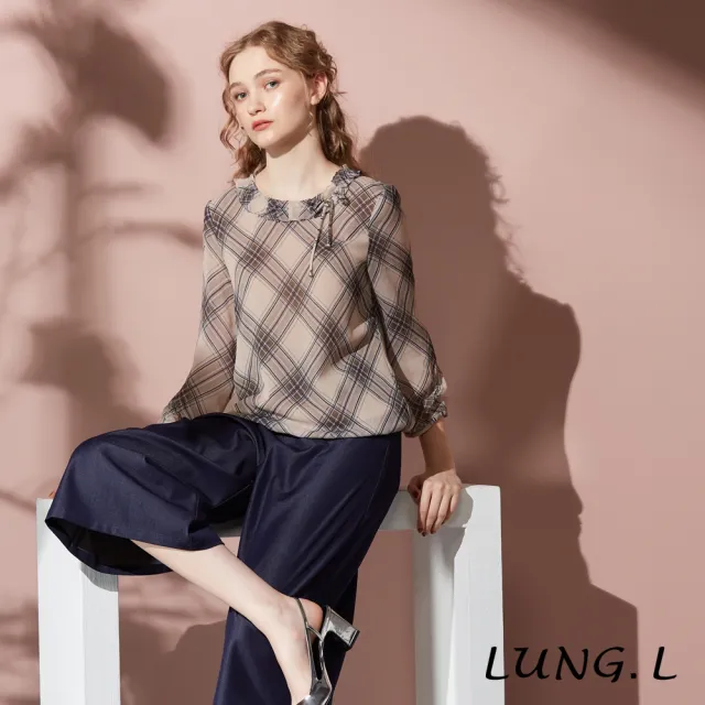 【LUNG.L 林佳樺】LT44A 卡其色大斜格紋輕柔雪紡九分袖女裝上衣(秋冬新品)
