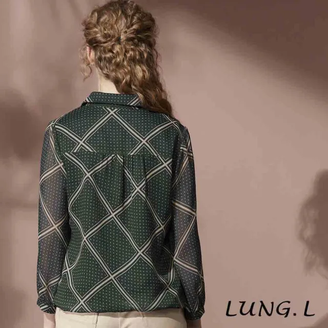 【LUNG.L 林佳樺】LT34A 墨綠色斜格紋點點雪紋九分袖女裝上衣(秋冬新品 加大尺碼)