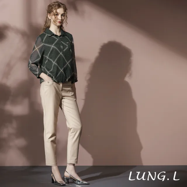 【LUNG.L 林佳樺】LT34A 墨綠色斜格紋點點雪紋九分袖女裝上衣(秋冬新品 加大尺碼)