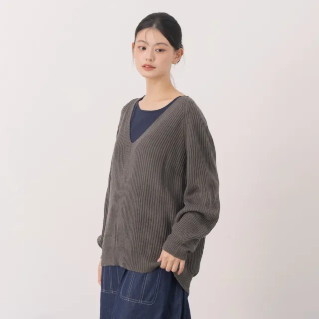 【MOSS CLUB】寬鬆V領坑條針織上衣(粉 綠 灰/魅力商品)