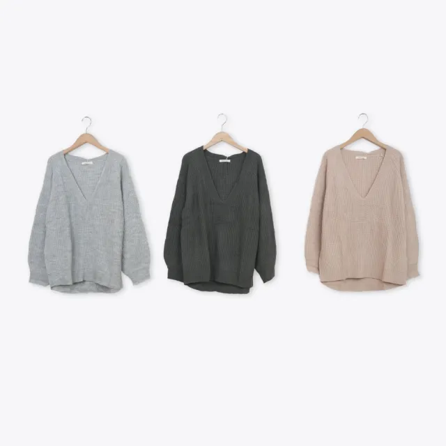 【MOSS CLUB】寬鬆V領坑條針織上衣(粉 綠 灰/魅力商品)