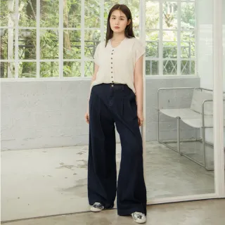 【M：MINb】天絲棉彈性不褪色打褶牛仔寬褲(深藍/中大尺碼女裝/下著/大尺碼褲子/丹寧/牛仔褲/涼感)