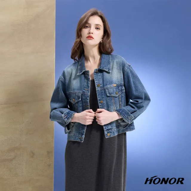 【HONOR 山形屋】出清品 經典水洗豹紋飾排釦牛仔外套-藍(限定出清)