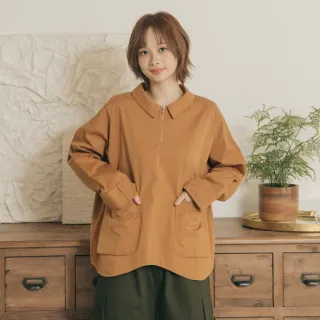 【MOSS CLUB】格紋配布立體口袋拉鍊半門襟上衣(桔 灰)