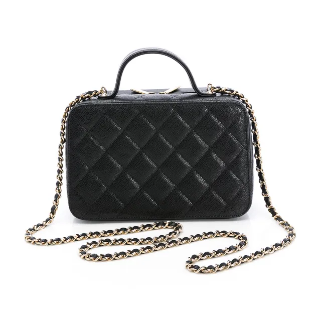【CHANEL 香奈兒】25B 鍊帶 化妝包(黑/金-粒面/金黑雙色鏈帶)