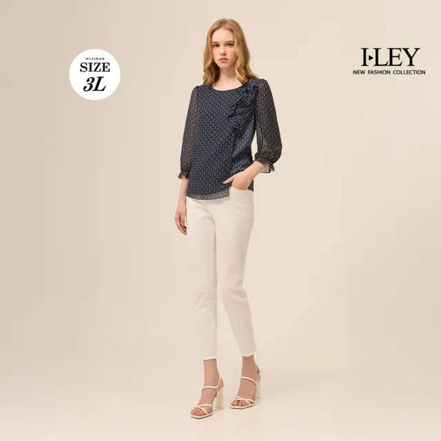 【ILEY 伊蕾】縫珠活片透膚七分袖雪紡上衣(深藍；M-3L；1253021441)