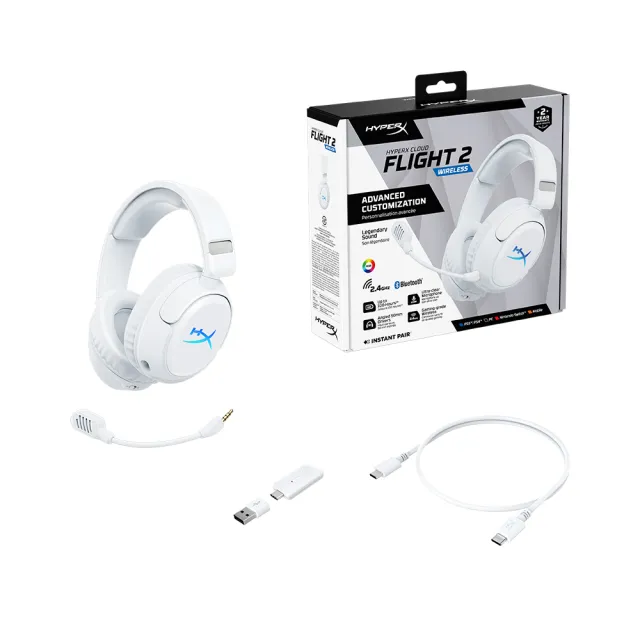 【HyperX】Cloud Flight 2 颶風天隼2 — RGB雙模無線電競耳機 白色(B5VC5AA)