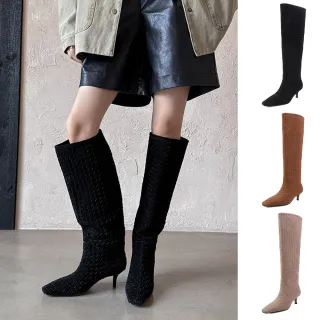 【JP Queen New York】女神編織設計小方頭騎士大筒圍細跟長筒靴(3色可選)
