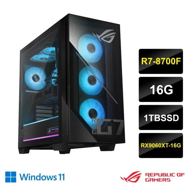 【ASUS 華碩】Ryzen 7 RX9060 XT電競電腦(R7-8700F/16G/1TBSSD/RX9060XT-16G/GM700TZ-R8700F126W6A)