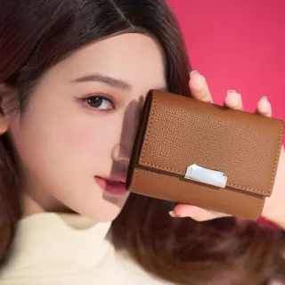 【2R 手工真皮】掌紋牛皮 Ivelyn 設計翻蓋短夾 焦糖棕(真皮 皮夾 短夾)