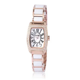 【Folli Follie】23毫米 經典方形  精鑲水晶錶圈 陶瓷錶帶腕錶 玫瑰金X白 FF230518