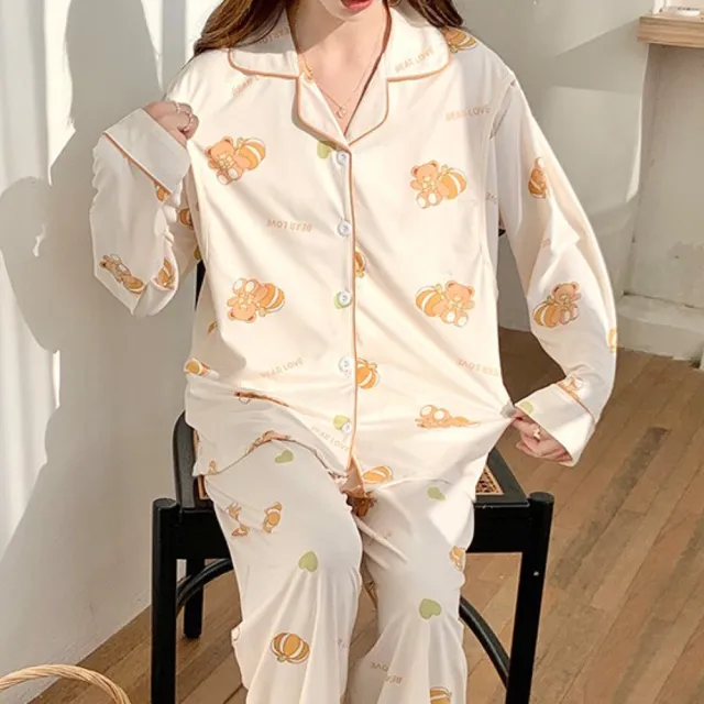 【lingling】全尺碼-南瓜熊側掀哺乳衣牛奶絲長袖二件式睡衣組 孕婦睡衣居家服(PA4395-米白南瓜熊)
