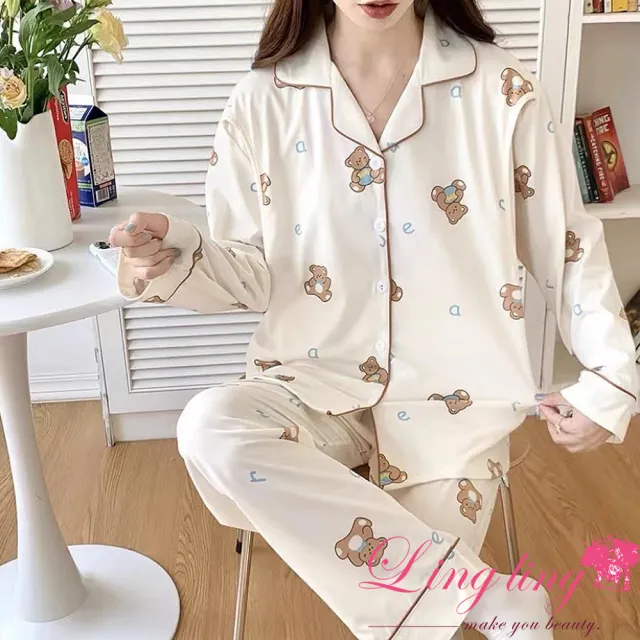 【lingling】全尺碼-熊熊側掀哺乳衣牛奶絲長袖二件式睡衣組 孕婦睡衣居家服(PA4394-米杏熊熊)