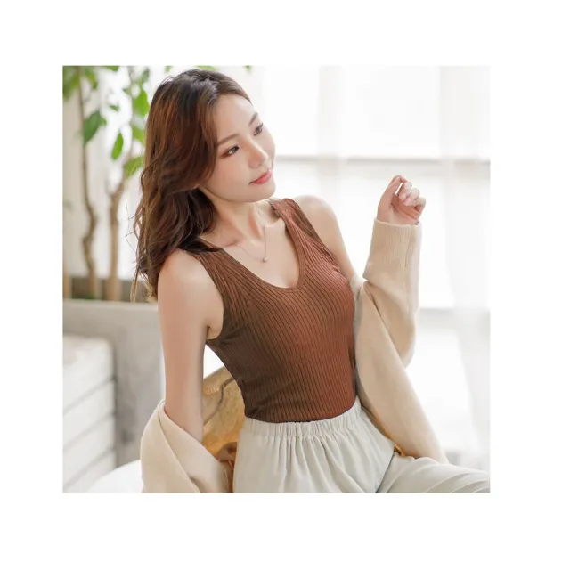 【amica】午後懸日暖色直條保暖背心(保暖背心 內搭 乳膠杯墊 發熱衣 加絨  V領小可愛 加絨背心)