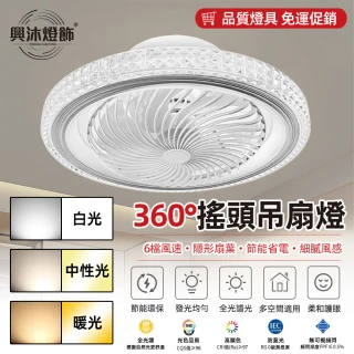 【XINGMU 興沐】360°旋轉網罩風扇燈吸頂式電扇燈(三色孌光/節能省電/六檔風速)