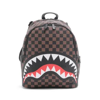 【SPRAYGROUND】雙拉鍊隔層磚紋棋盤格鋸齒鯊後背包(咖色)