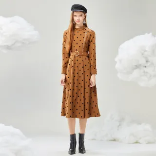 【MYVEGA 麥雪爾】MA點點印花Aline腰帶長洋裝-卡其(素色洋裝/)