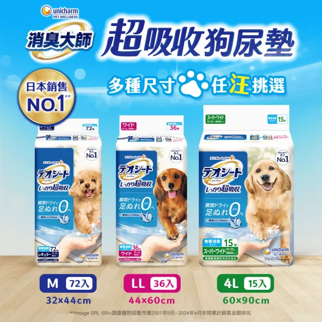 【Unicharm Pet消臭大師】超吸收狗尿墊2入組(M/LL/4L)