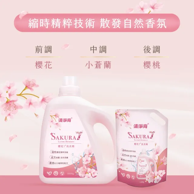 【清淨海】櫻花7+洗衣精補充包1500g 6入(自然柔纖/中性洗劑/室內晾衣/植萃低敏/滾筒可用/洗機能服)