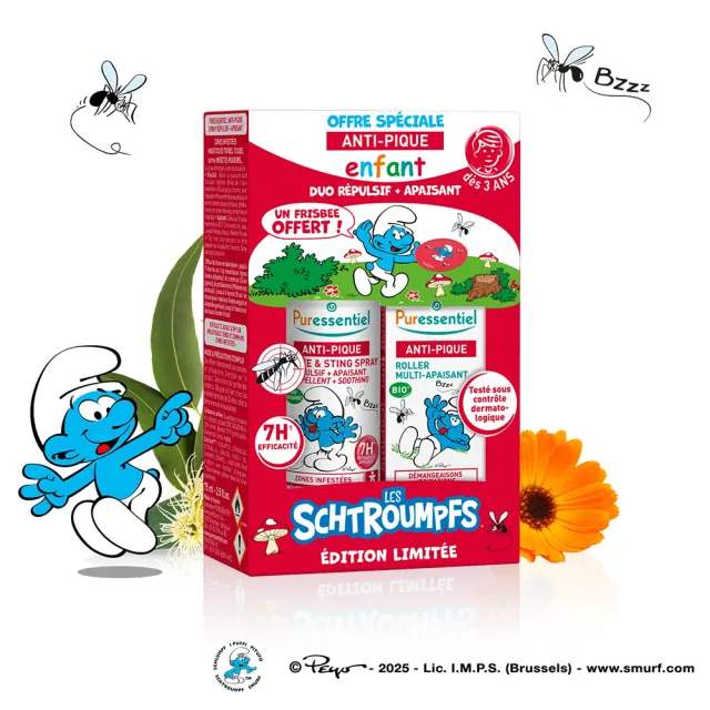 【Puressentiel 璞萃】全效防蚊聯名禮盒|Smurfs 藍色小精靈限定款贈飛盤(3歲以上寶貝 防蚊噴霧 防蚊滾珠)