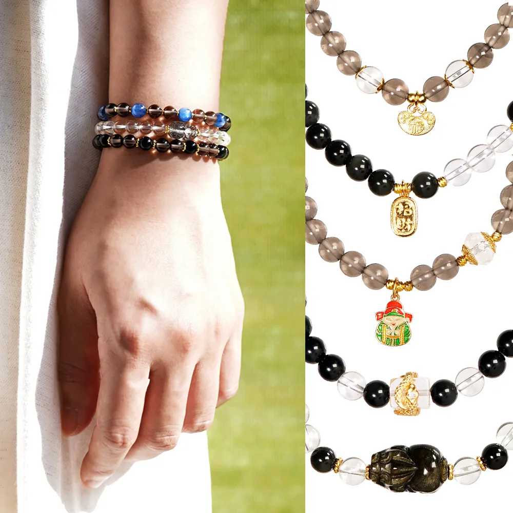 【正佳珠寶】能量守護系列 頂級鎮煞黑曜 淨化白水晶 黑曜石白水晶能量手珠