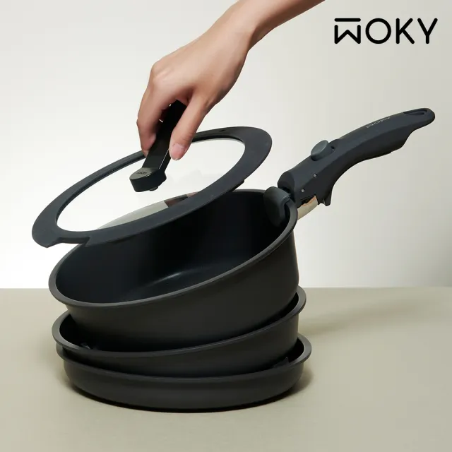 【WOKY 沃廚】塔塔鍋 22CM鈦陶瓷不沾鍋 3鍋7件組(可拆把手/平底鍋/煎鍋/炒鍋/湯鍋)