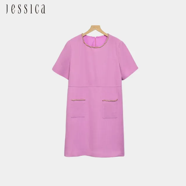 【JESSICA】簡約氣質小香風鏈條邊圓領短袖洋裝J54702（粉）